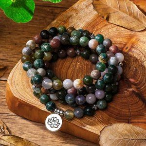Indian Agate 108 Mala Bead Prayer Healing Meditation Bracelet Necklace Xmas Gift